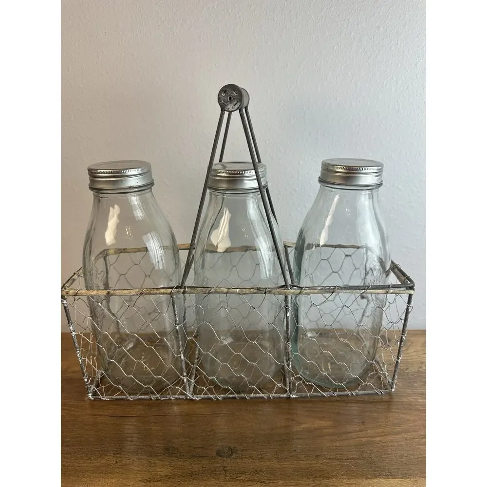 Vintage Glass Milk Bottles Wire Basket Trio Farmhouse Kitchen Decor